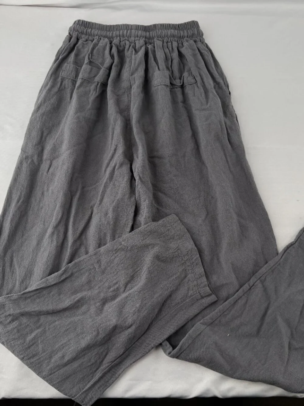 Men's Casual Linen Blend Wide Leg Drawstring Pants Grey Relaxed Fit Size L